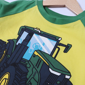 YELLOW WITH GREEN SLEEVES FRONT & BACK TRACTOR PRINTED FULL SLEEVES T-SHIRT